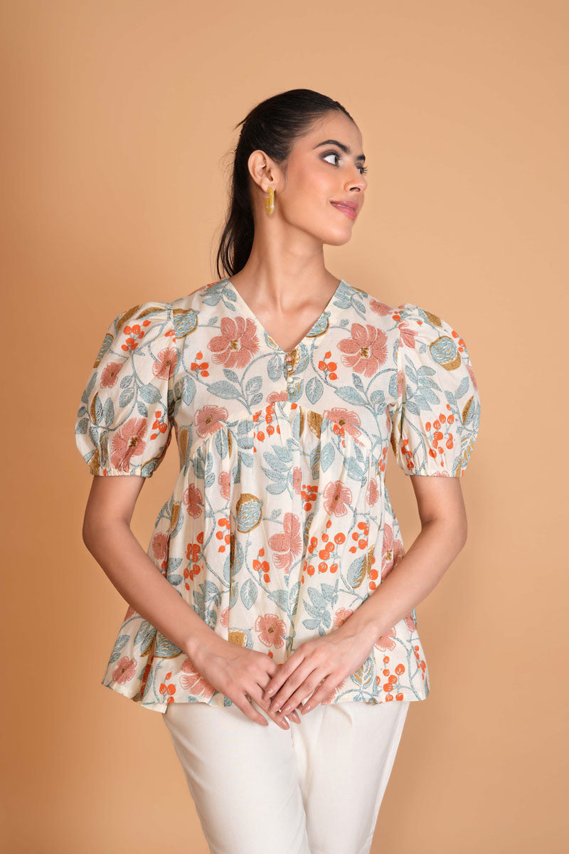 Off White Floral Alia Cut Top women's tunic in cotton with floral print