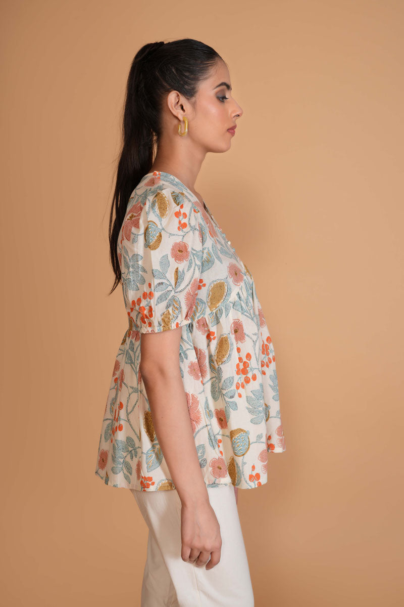 fabric detail of Off White Floral Alia Cut Top with V-neck with puff sleeve, women's tunic