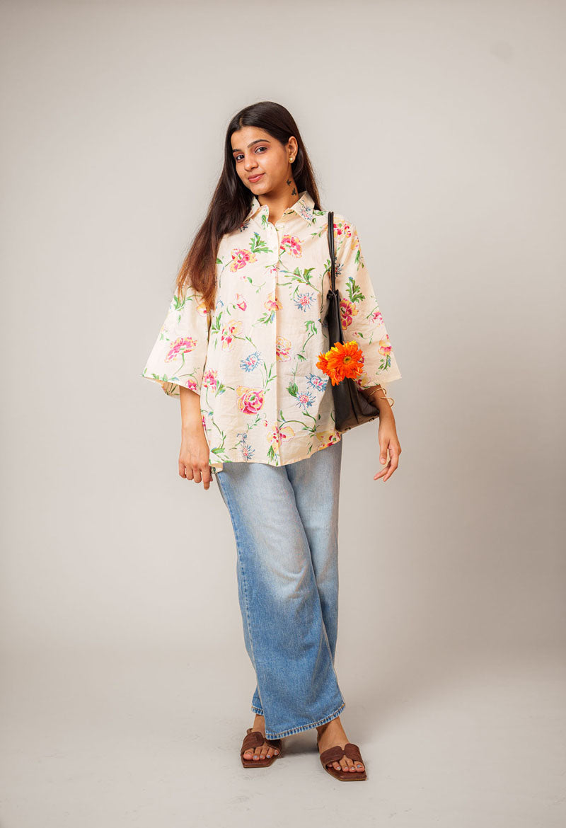 fabric detail of Off-White Floral Relaxed Shirt in cotton with floral print, women's tunic