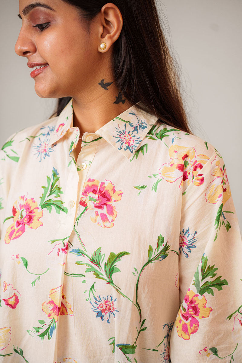 side profile of Off-White Floral Relaxed Shirt featuring front placket for office and workwear, women's tunic
