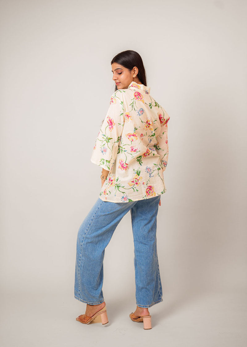 back view of Off-White Floral Relaxed Shirt available in sizes XS to 6XL, women's tunic