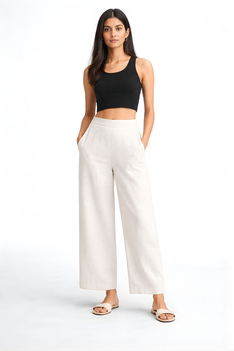 full-length view of Off White Wide Leg Linen Pant featuring patch pockets for office and workwear, women's wide-leg pants