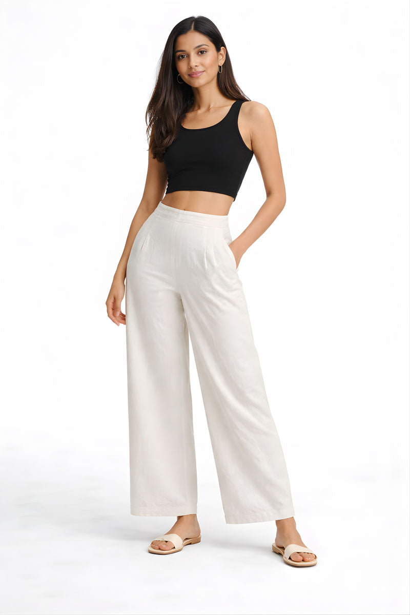 sleeve detail of Off White Wide Leg Linen Pant in linen in a wide fit, women's wide-leg pants