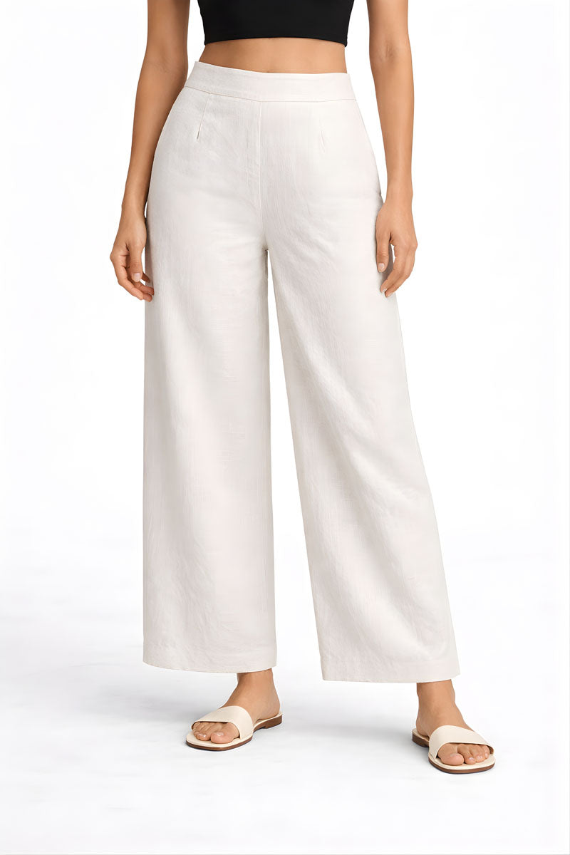 neckline detail of Off White Wide Leg Linen Pant featuring patch pockets for office and workwear, women's wide-leg pants