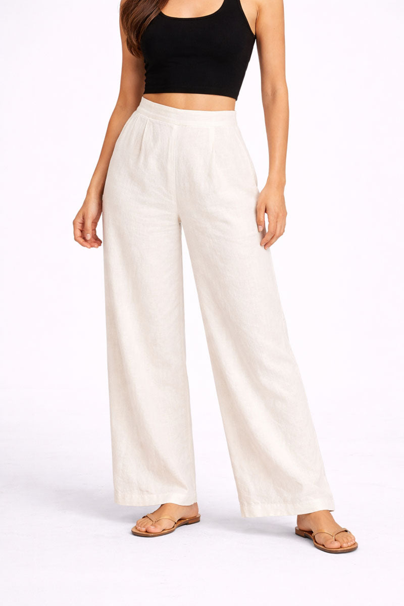 back view of Off White Wide Leg Linen Pant featuring patch pockets for office and workwear, women's wide-leg pants