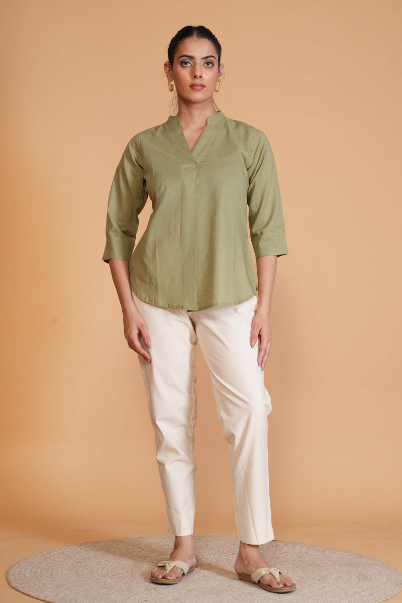 neckline detail of Olive Cambric Mandarin Top for office and workwear, women's tunic
