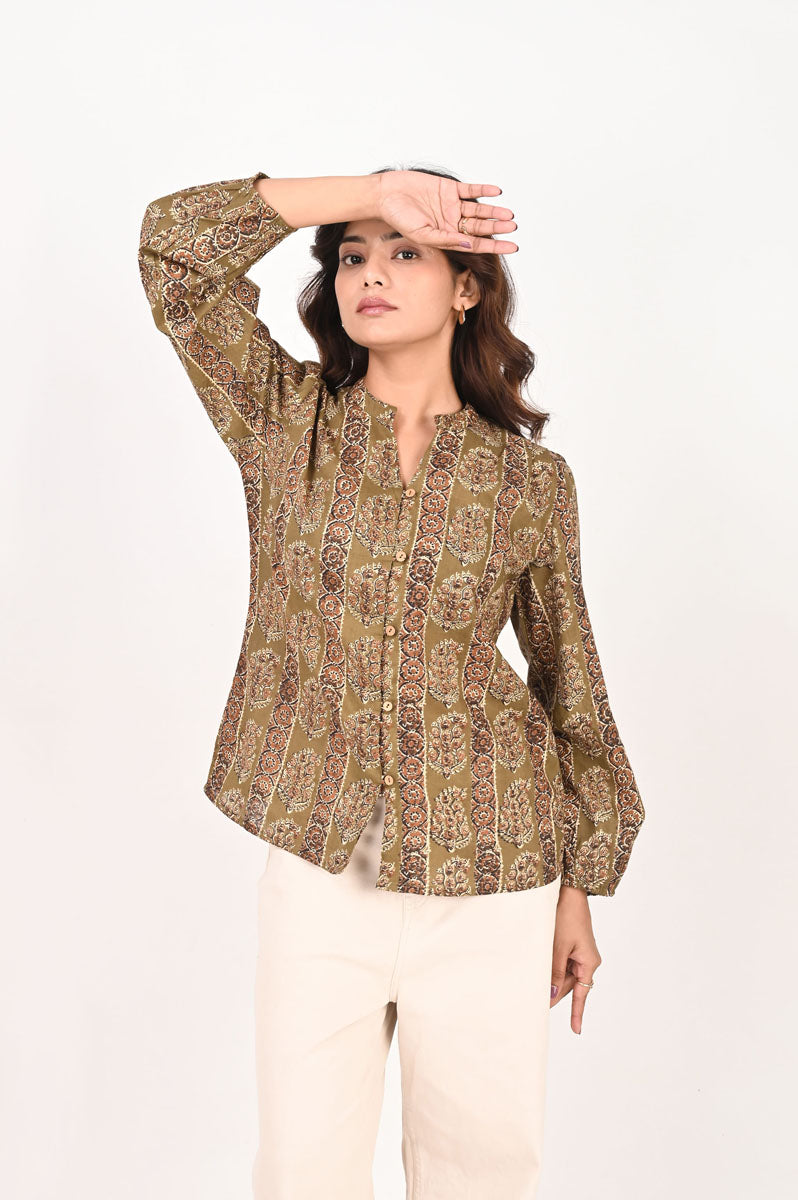 sleeve detail of Olive Printed Shirt featuring button-up front for office and workwear, women's tunic