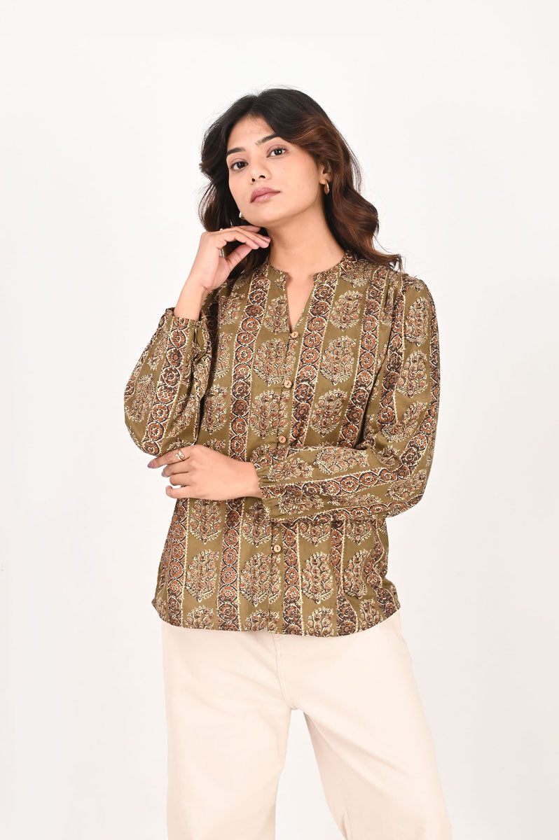 Olive Printed Shirt women's tunic in cotton with floral print