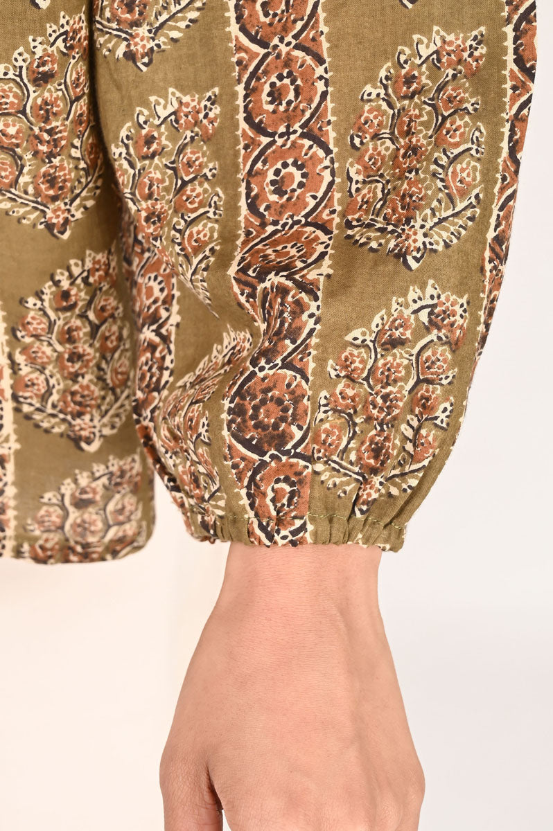 side profile of Olive Printed Shirt featuring button-up front for office and workwear, women's tunic