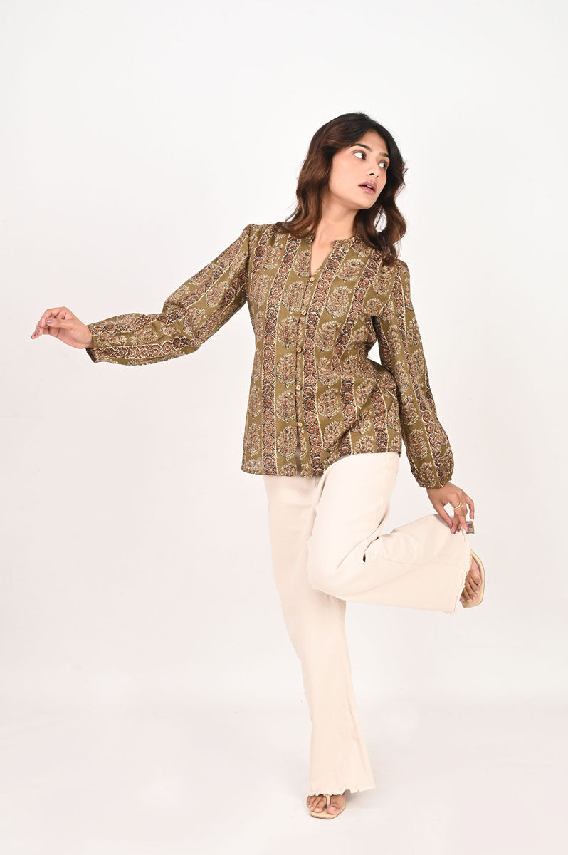 neckline detail of Olive Printed Shirt with V-neck with full sleeve, women's tunic