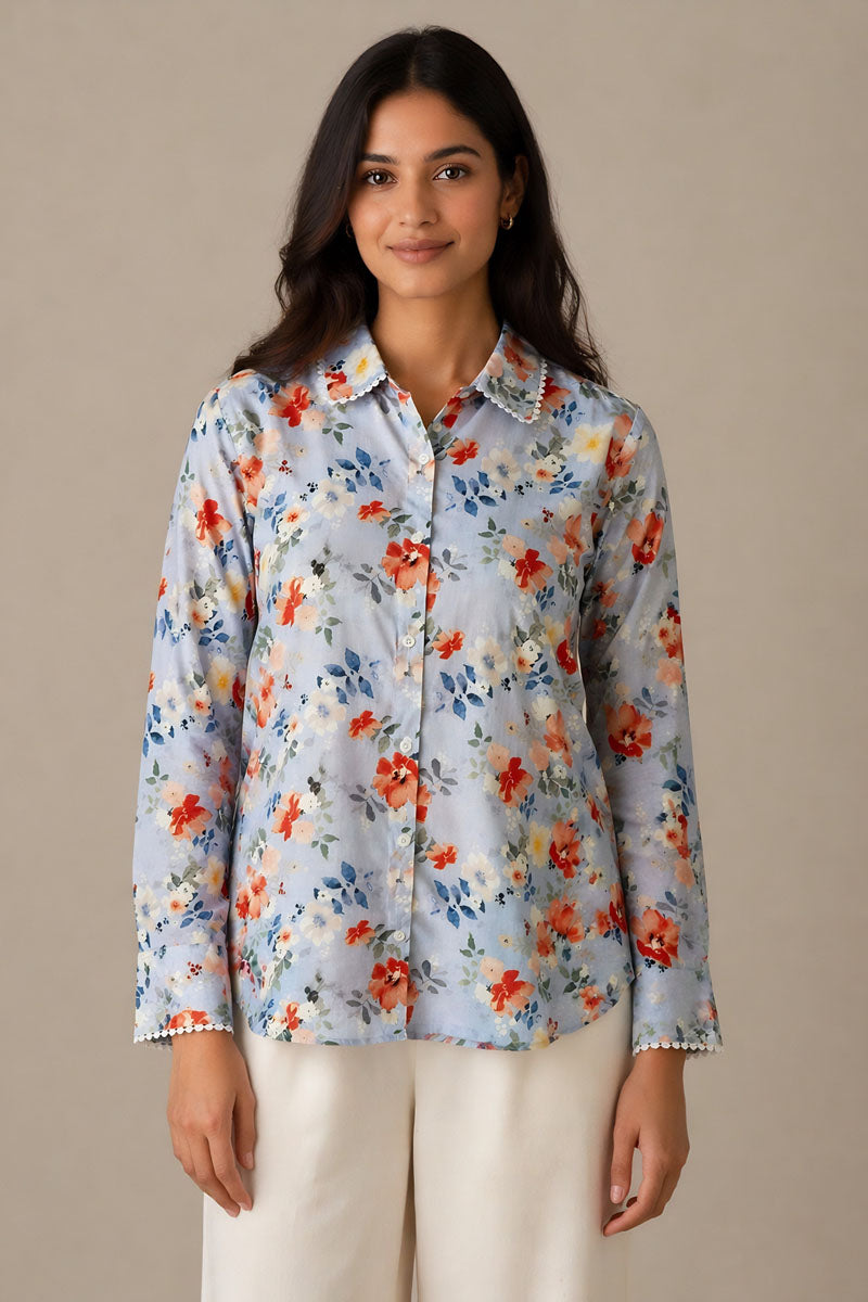 fabric detail of Pastel Blue Floral Shirt in cotton with floral print, women's shirt