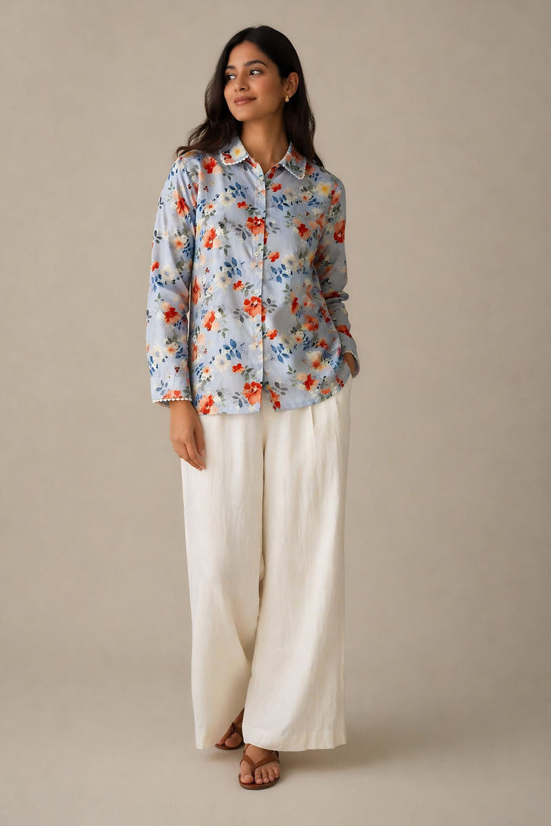 back view of Pastel Blue Floral Shirt for office and workwear, women's shirt