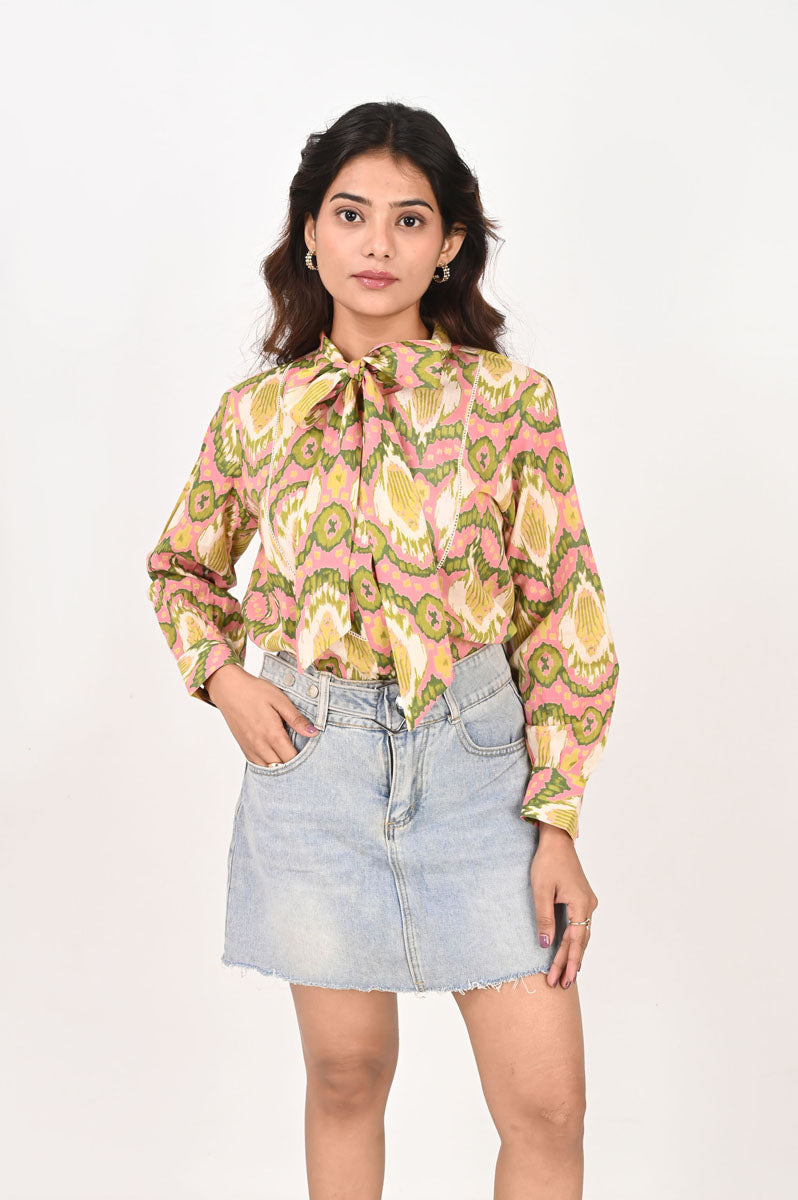 Pink Ikat Neck Tie Shirt women's shirt in cotton with floral print