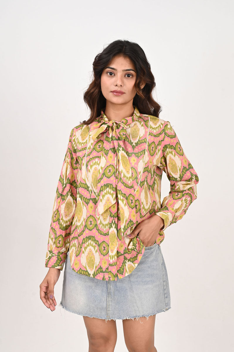 side profile of Pink Ikat Neck Tie Shirt featuring button-up front for office and workwear, women's shirt
