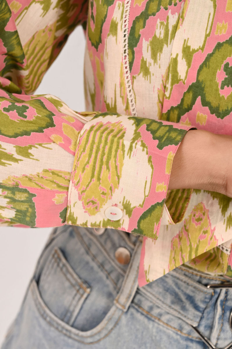 back view of Pink Ikat Neck Tie Shirt in cotton with floral print, women's shirt