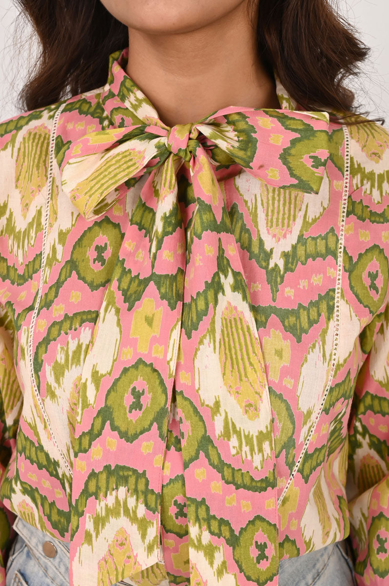 fabric detail of Pink Ikat Neck Tie Shirt with chinese-collar with full sleeve, women's shirt