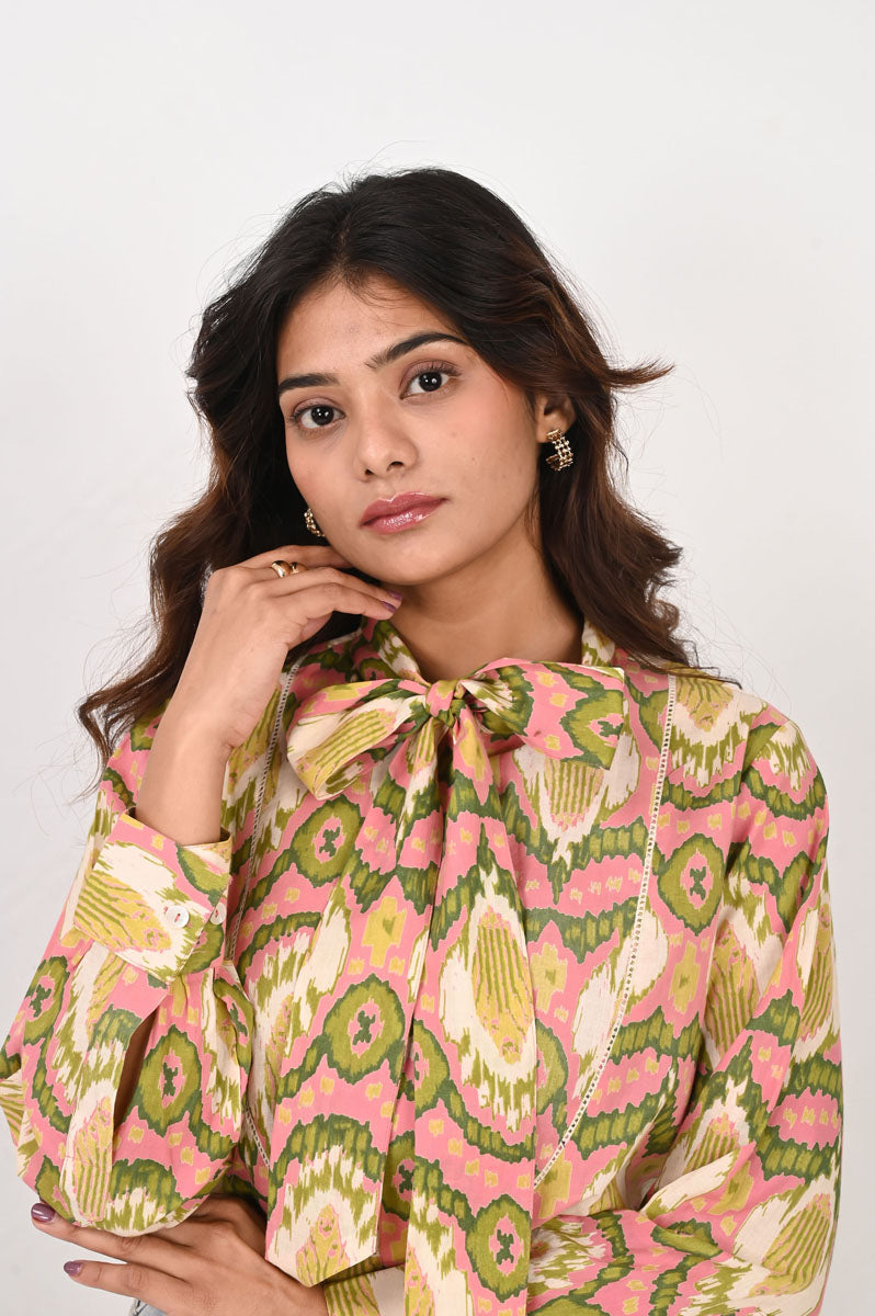 neckline detail of Pink Ikat Neck Tie Shirt featuring button-up front for office and workwear, women's shirt