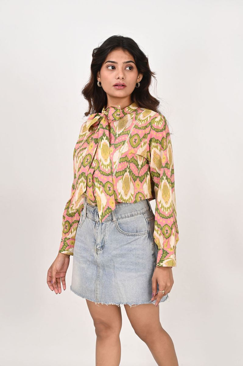 sleeve detail of Pink Ikat Neck Tie Shirt in cotton with floral print, women's shirt
