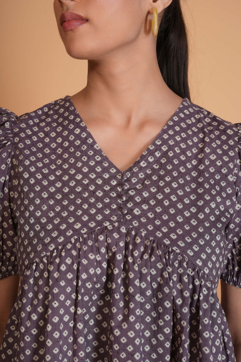 back view of Purple Mauve Bandhini Tunic in cotton with V-neck, women's tunic