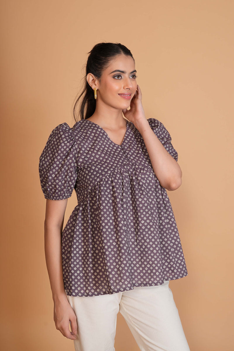Purple Mauve Bandhini Tunic women's tunic in cotton with V-neck