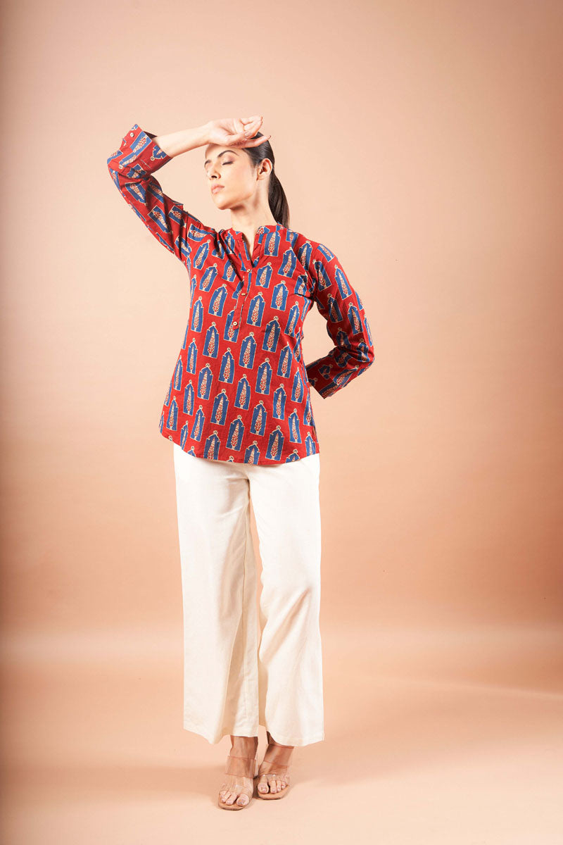 neckline detail of Red Ajrakh Tunic Top for office and workwear available in sizes XS to 6XL, women's tunic