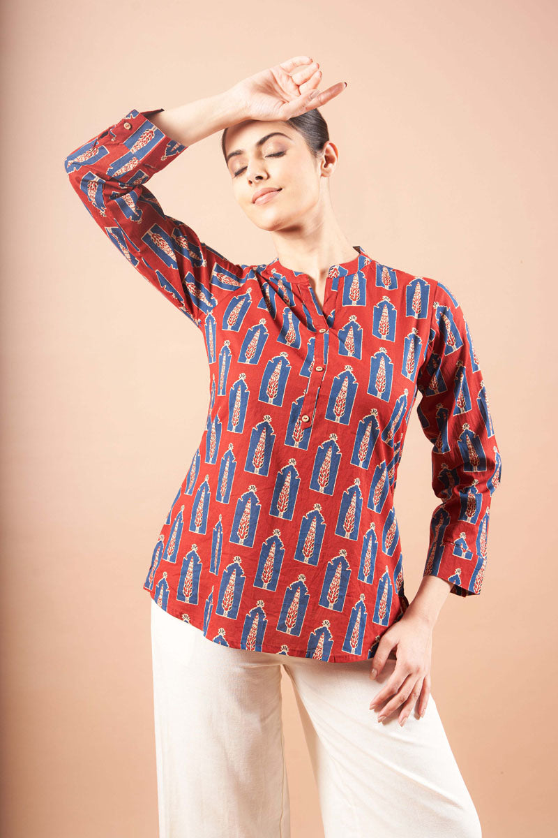 Red Ajrakh Tunic Top