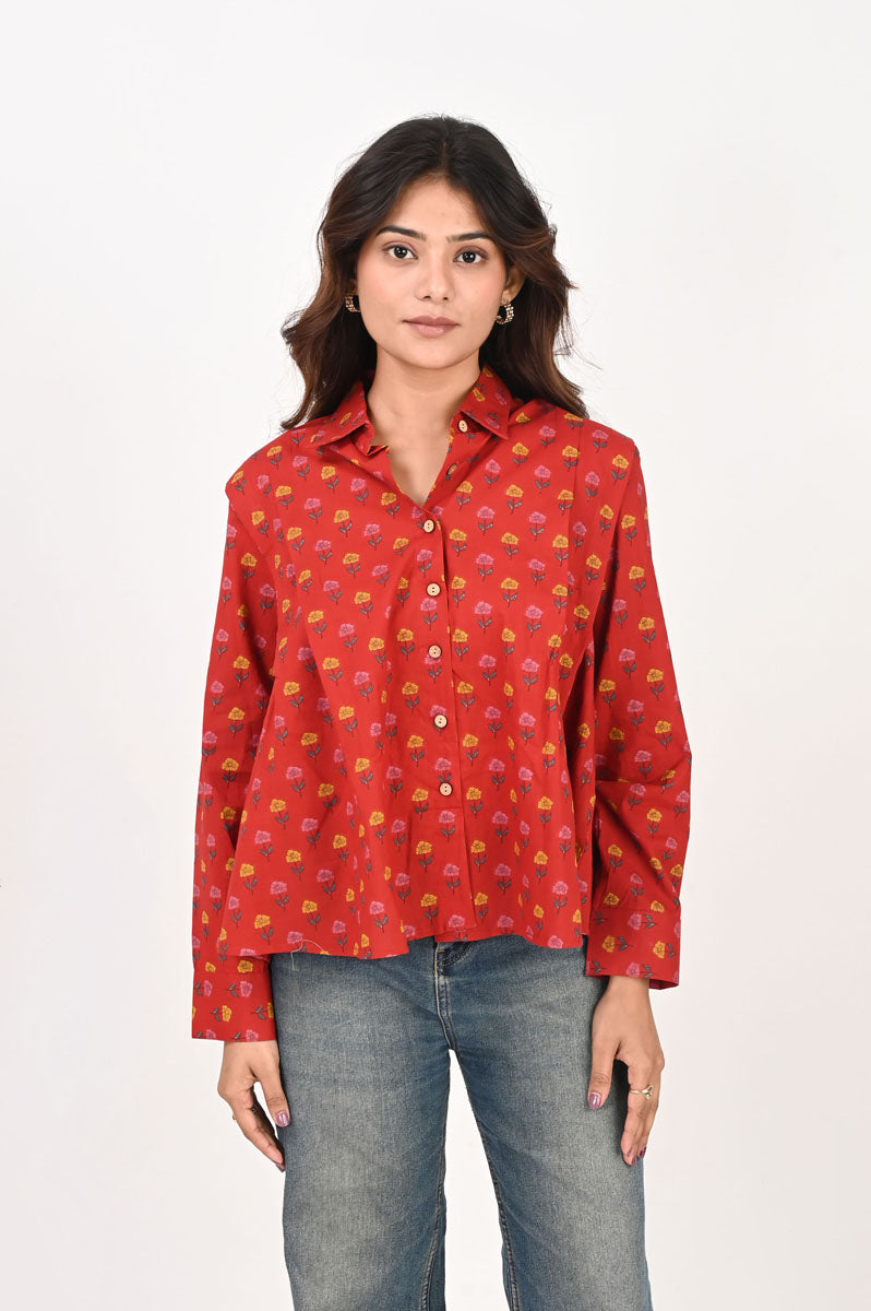 Red Flower Motif Pleated Shirt women's shirt in cotton with floral print