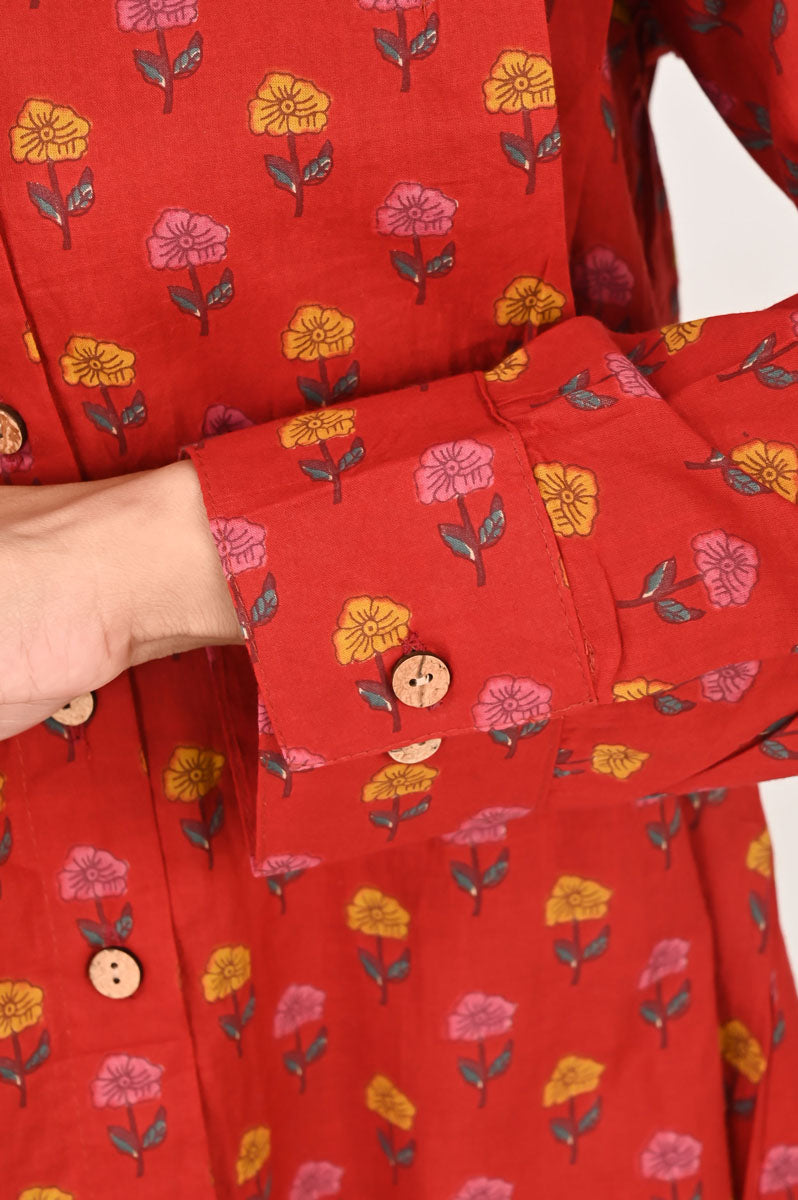side profile of Red Flower Motif Pleated Shirt featuring button-up front for office and workwear, women's shirt