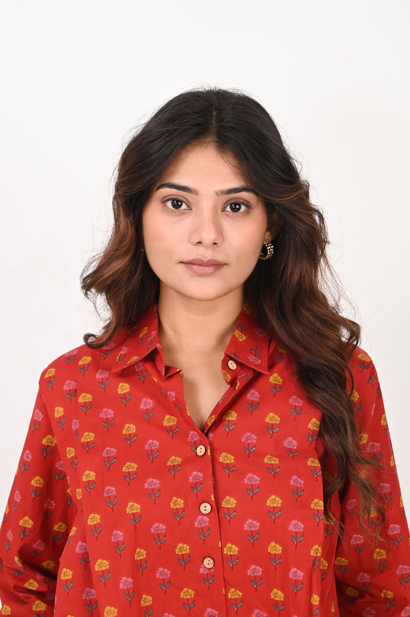fabric detail of Red Flower Motif Pleated Shirt with shirt-collar with full sleeve, women's shirt