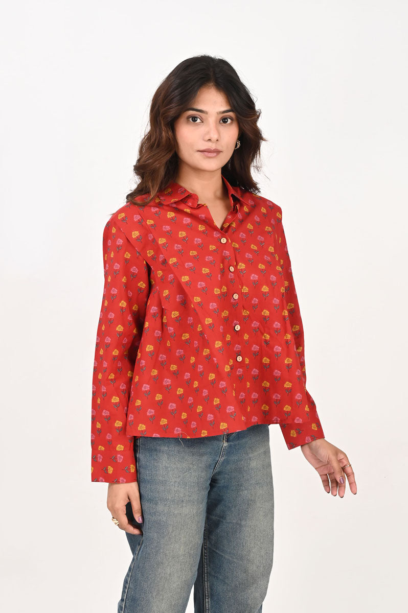 neckline detail of Red Flower Motif Pleated Shirt featuring button-up front for office and workwear, women's shirt