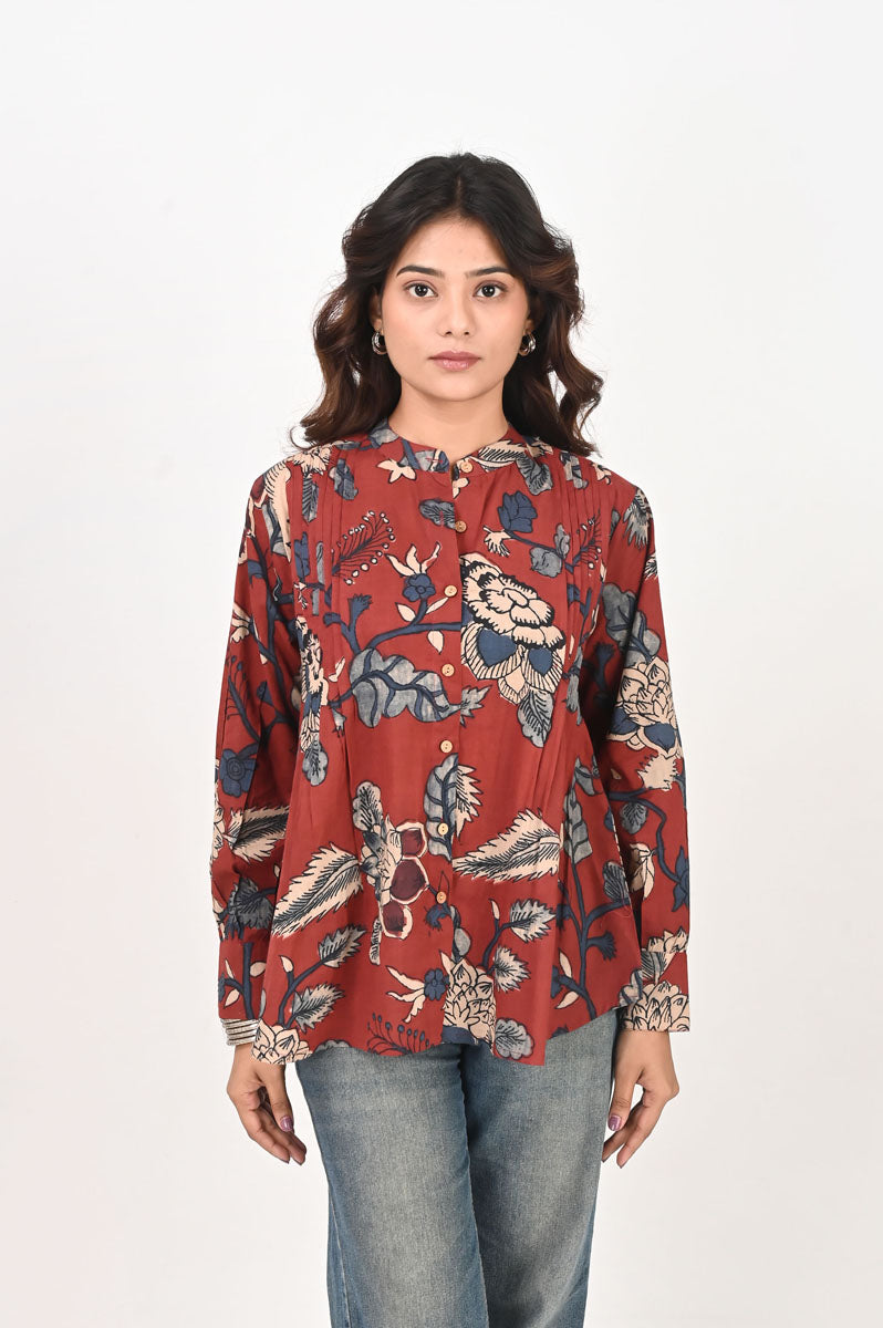 Red Kalamkari Pleated Shirt women's shirt in cotton with floral print
