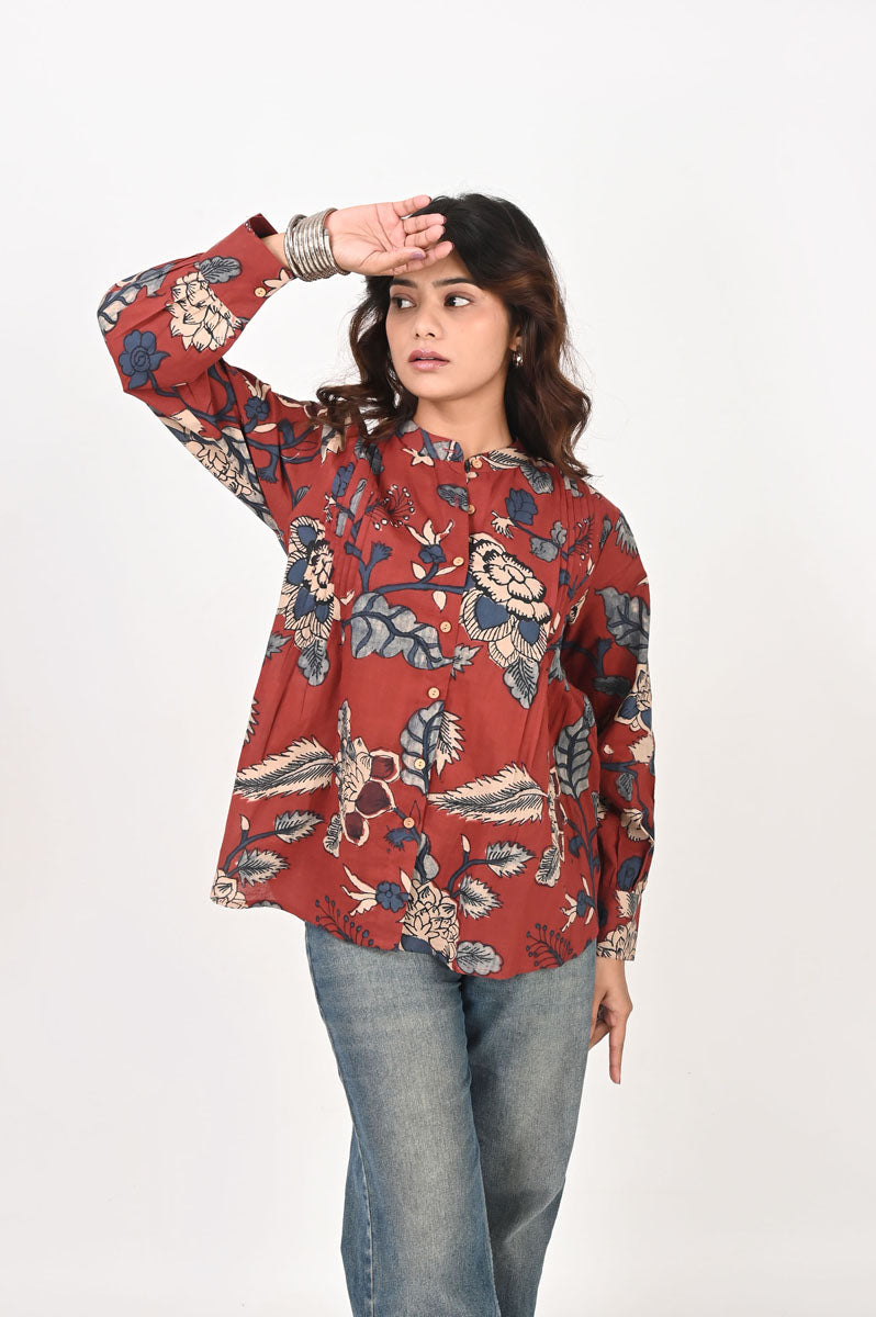 sleeve detail of Red Kalamkari Pleated Shirt in cotton with floral print, women's shirt