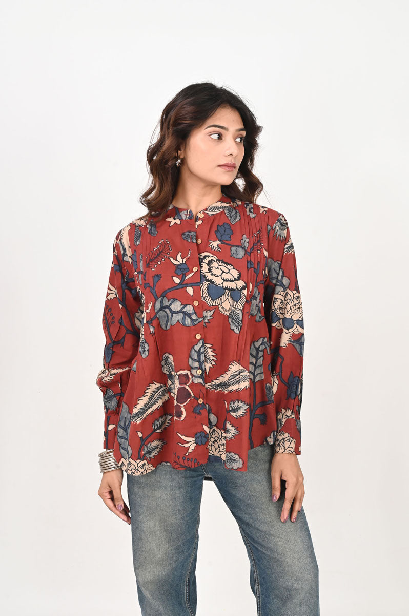 full-length view of Red Kalamkari Pleated Shirt with mandarin collar with full sleeve, women's shirt