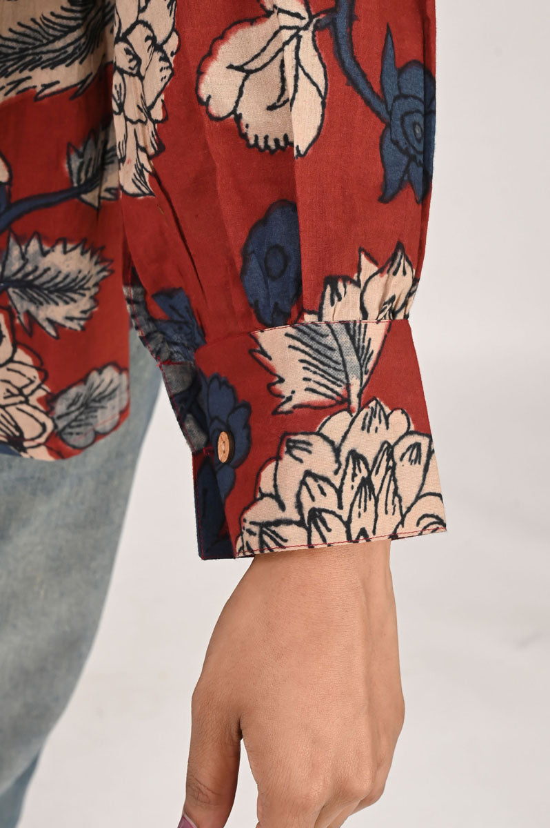 side profile of Red Kalamkari Pleated Shirt featuring button-up front for office and workwear, women's shirt