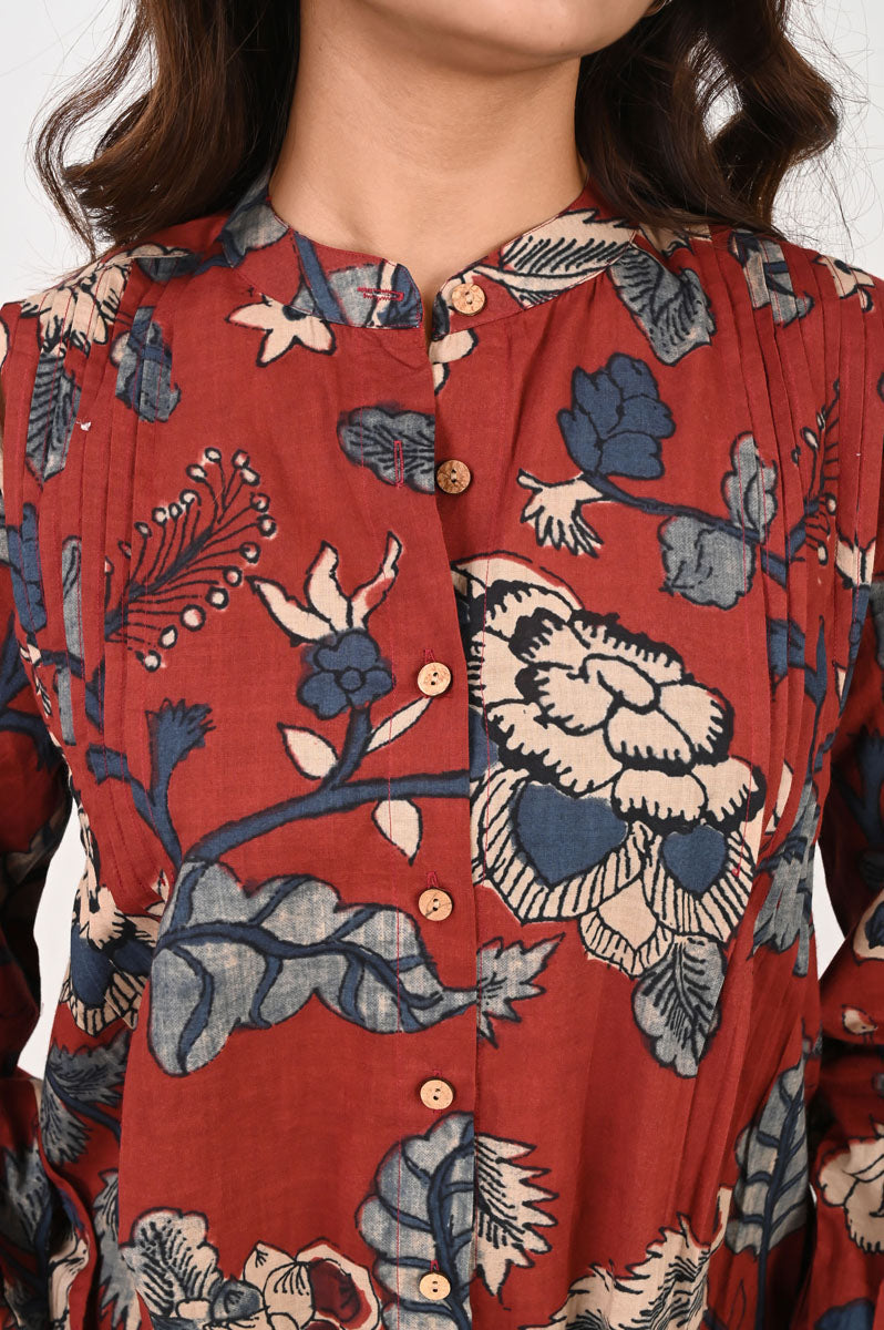 back view of Red Kalamkari Pleated Shirt in cotton with floral print, women's shirt