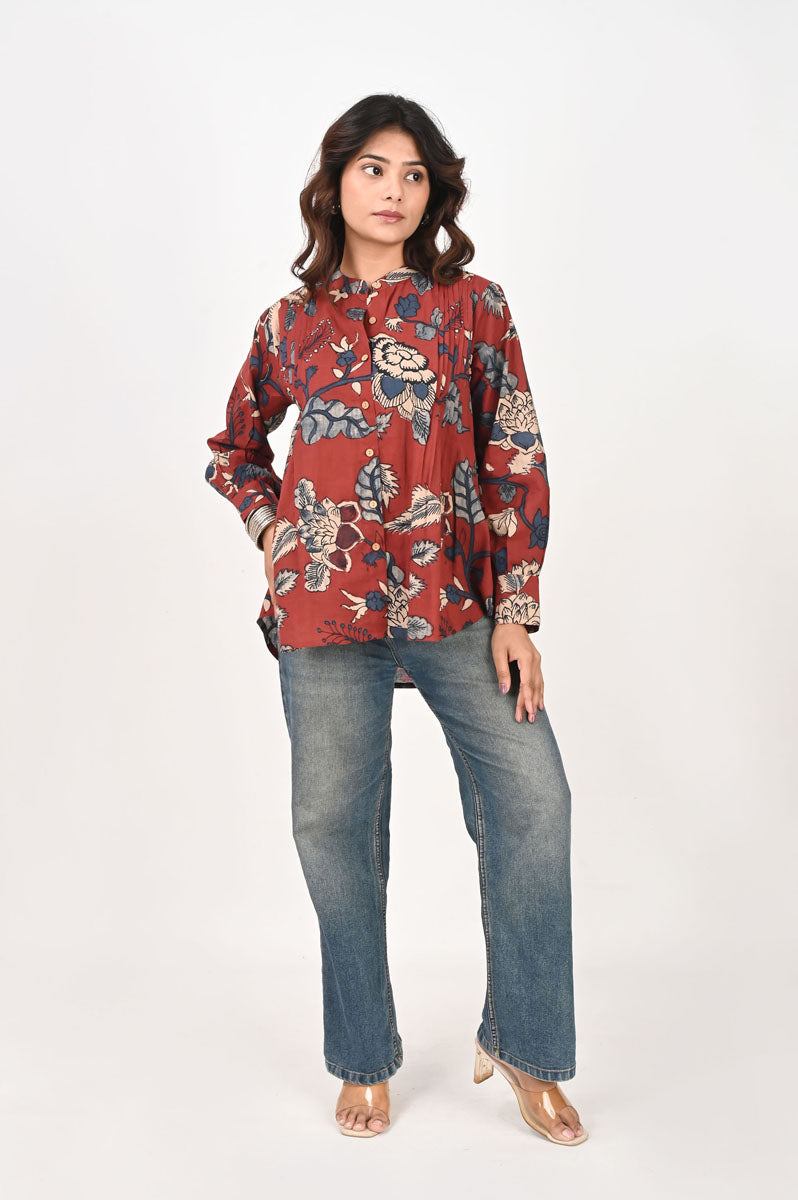 fabric detail of Red Kalamkari Pleated Shirt with mandarin collar with full sleeve, women's shirt