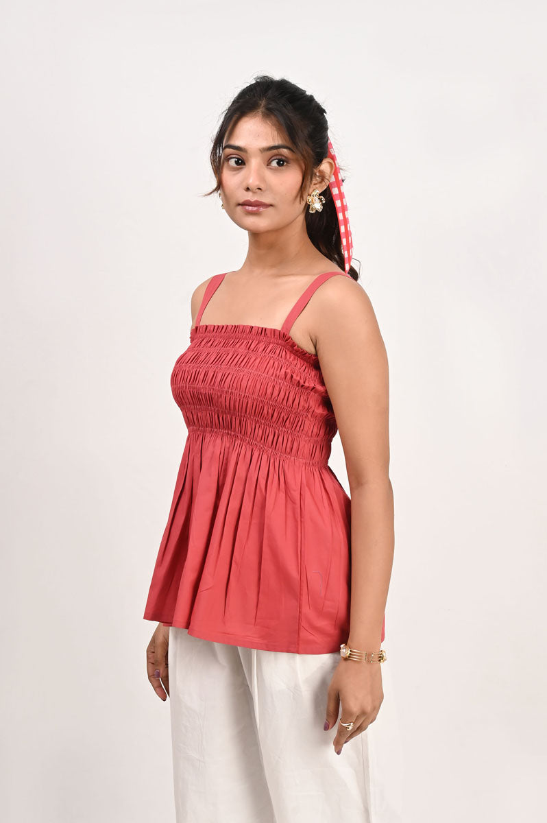 Scarlet Poplin Smocked Top